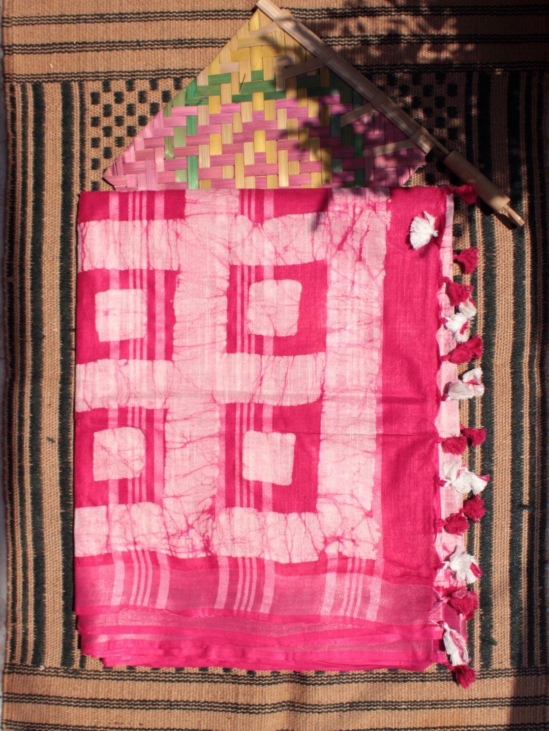 Dark-Pink-off-White-Batik-Linen-cotton-Saree Dark-Pink-off-White-Batik-Linen-cotton-Saree at Shilphaat.com