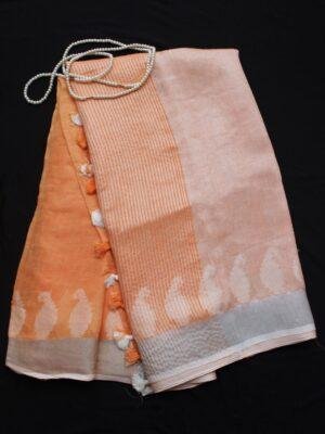 Pastel-Orange-Pure-Linen-Saree-Shilphaat