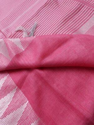 Rose-pink-and-silver-white-Jamdani-pure-Linen-Sari at Shilphaat.com