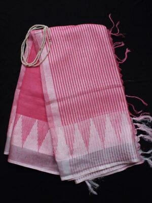 Rose-pink-and-silver-white-pure-linen-sari at Shilphaat.com