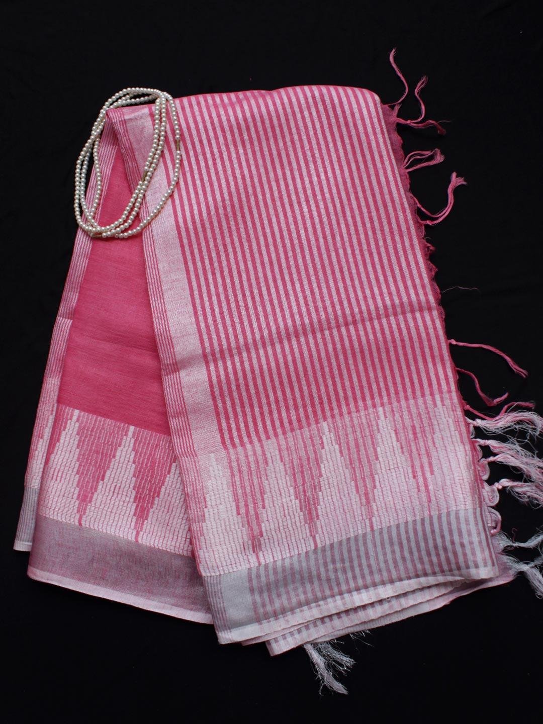 Rose-pink-and-silver-white-pure-linen-sari Rose-pink-and-silver-white-pure-linen-sari at Shilphaat.com