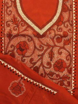Rust-Orange-Kantha-handembroidered-cotton-ladies-Kurta-fabric at Shilphaat.com