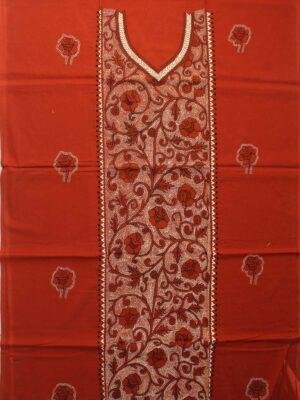 Rust-nakshi-Kantha-embroidered-cotton-Kurta-fabric at Shilphaat.com