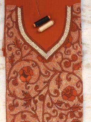Rust-orange--Kantha-embroidered-ladies-Kurta-fabric at Shilphaat.com