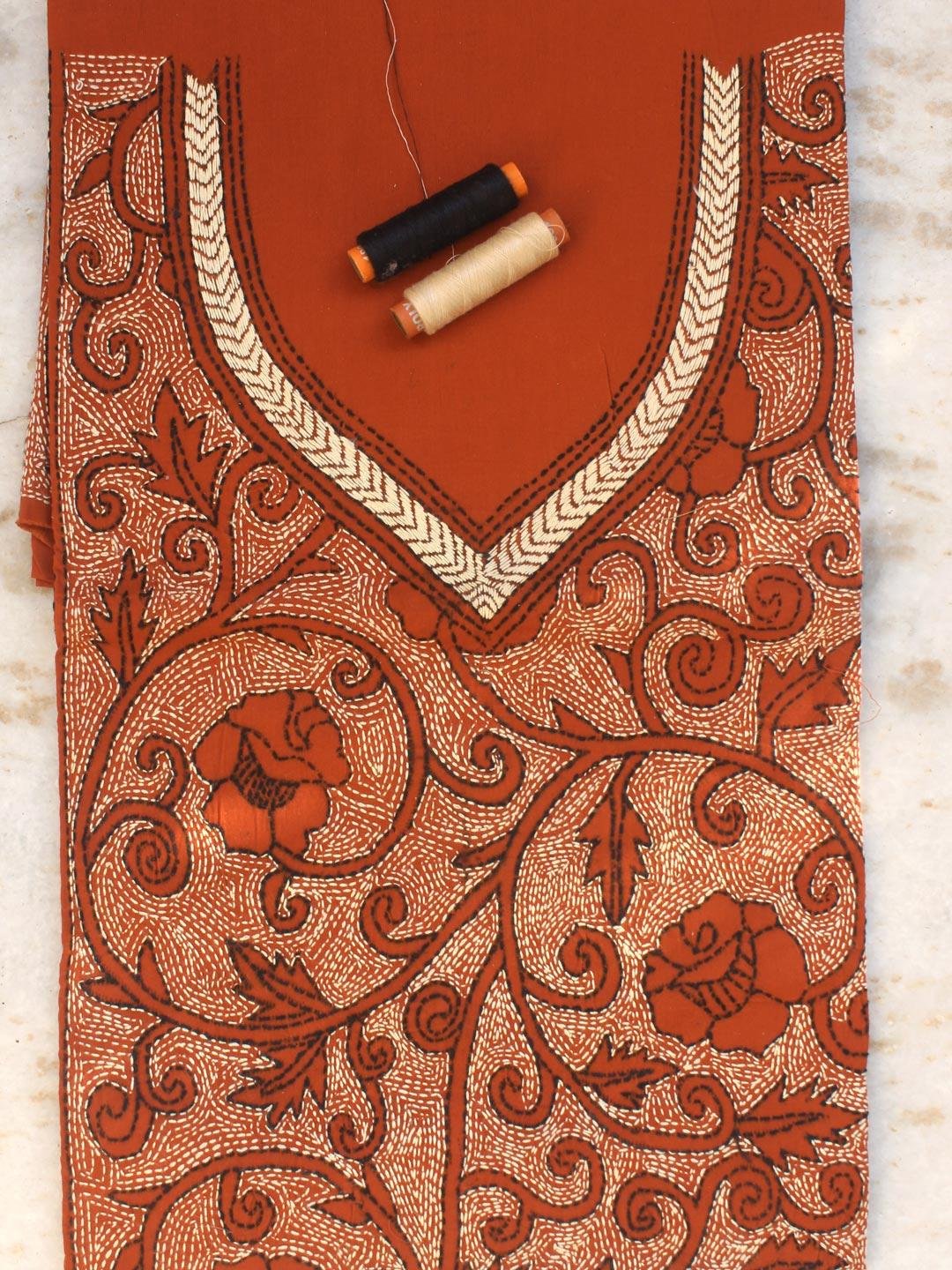 Rust-orange--Kantha-embroidered-ladies-Kurta-fabric Rust-orange--Kantha-embroidered-ladies-Kurta-fabric at Shilphaat.com