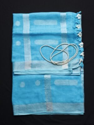 Firozi-Blue-silver-zari-Pure-soft-linen-saree at Shilphaat.com