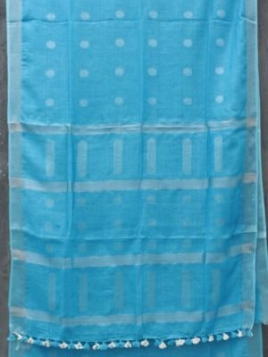 Firozi-Blue-silver-zari-work-Pure-linen-sari- at Shilphaat.com