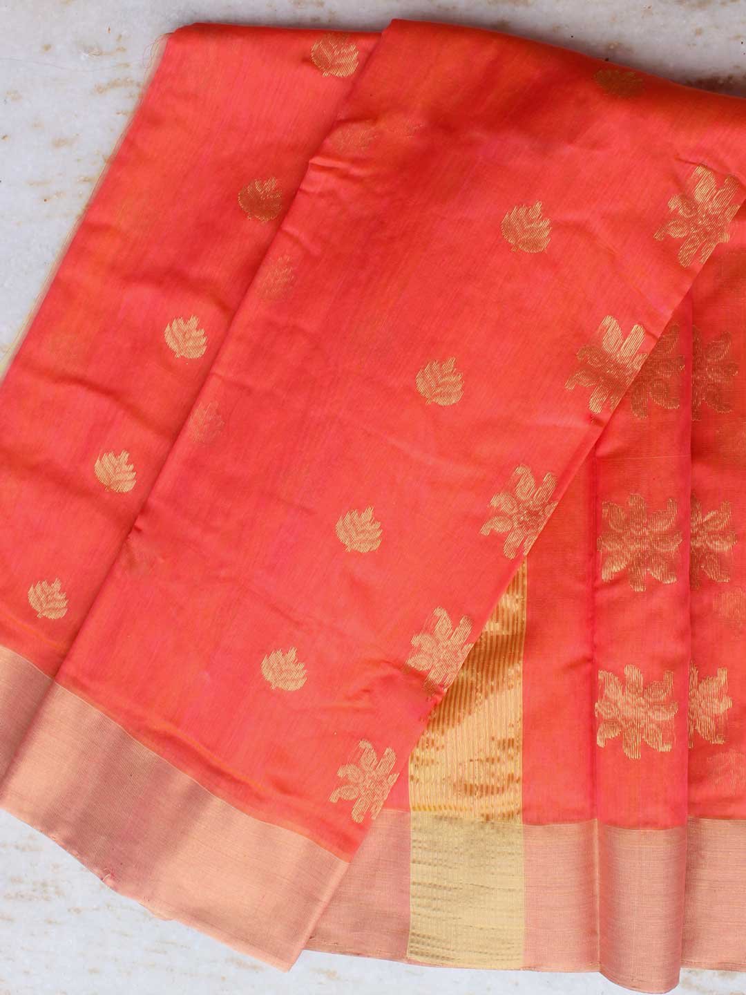 Orange-handwoven-Leaf-buit-chanderi-saree Orange-handwoven-Leaf-buit-chanderi-saree