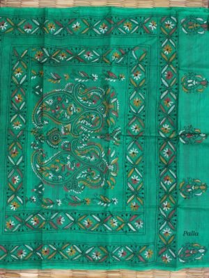 Pink-and-Green-kantha-embroidered-tassar-silk-saree