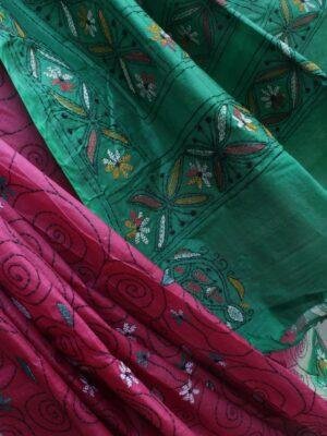 Pink-and-Green-kanthawork-tussar-silk-saree-Shilphaat