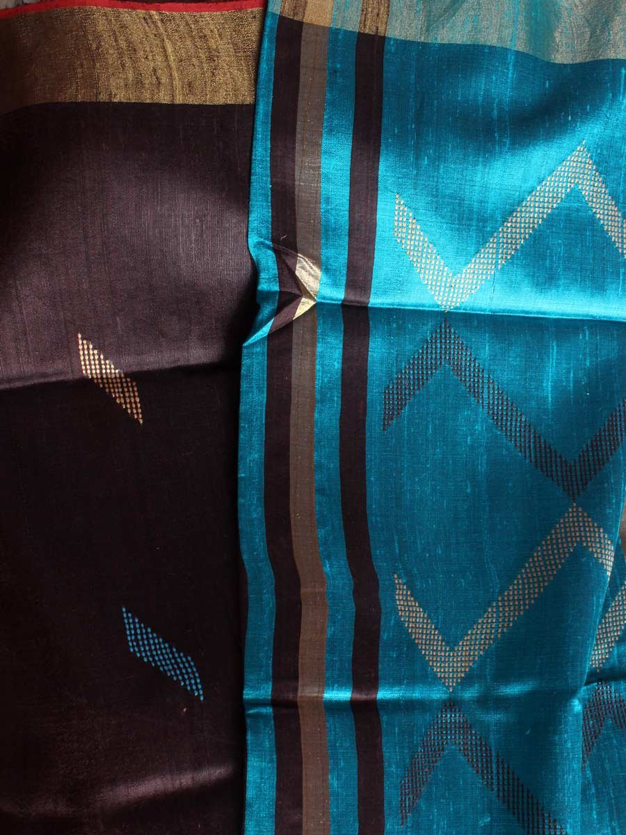 Black-Brown-and-Blue-Mulberry-Dupion-Silk-Sari Black-Brown-and-Blue-Mulberry-Dupion-Silk-Sari