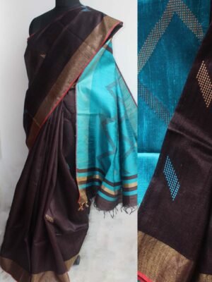 Cola-Brown and Blue Mulberry Dupion Silk Saree