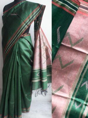 Dark-Green-and-Pink-pure-Mulberry-Dupion-Silk-Sari