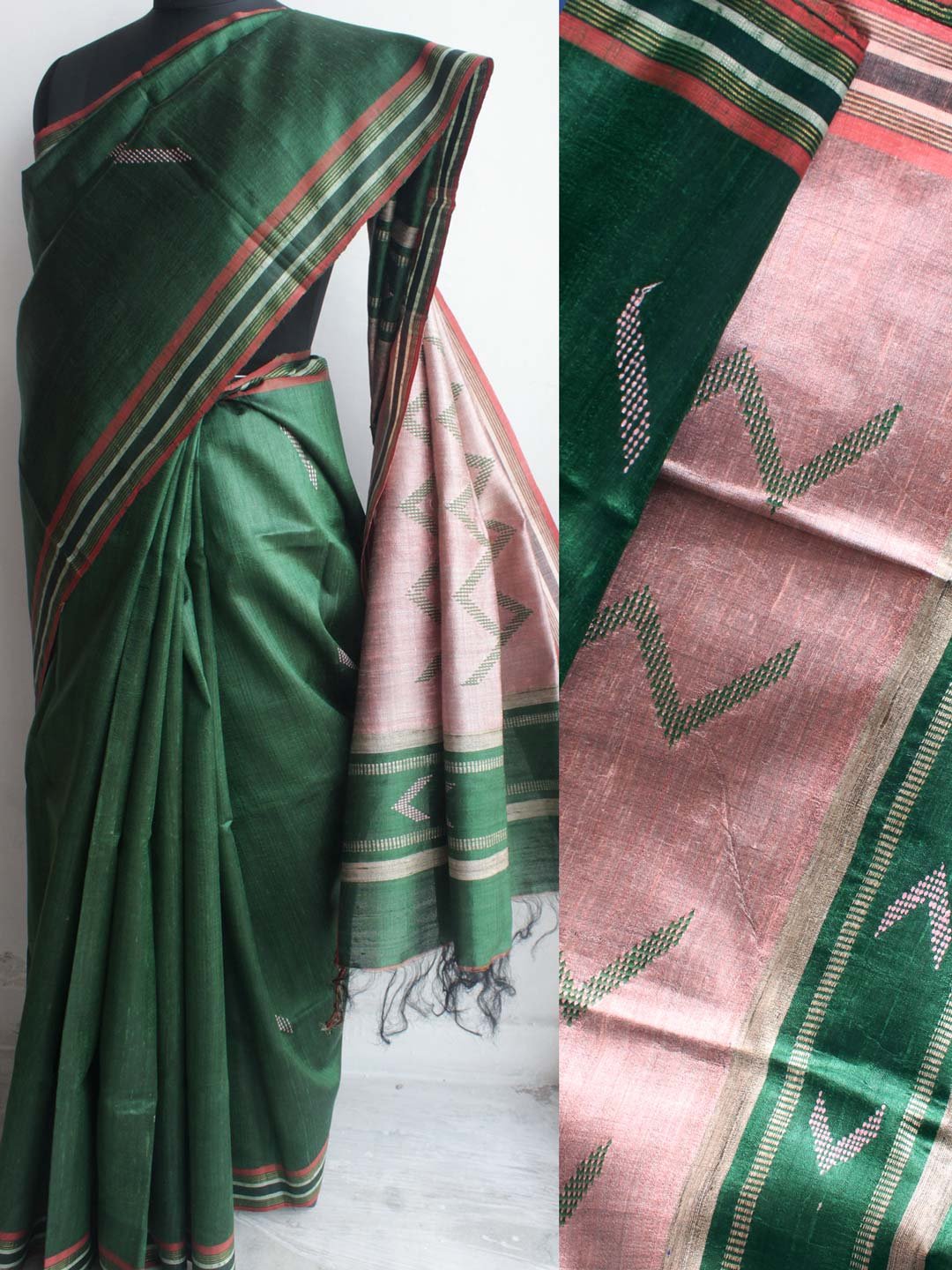 Dark-Green-and-Pink-pure-Mulberry-Dupion-Silk-Sari Dark-Green-and-Pink-pure-Mulberry-Dupion-Silk-Sari
