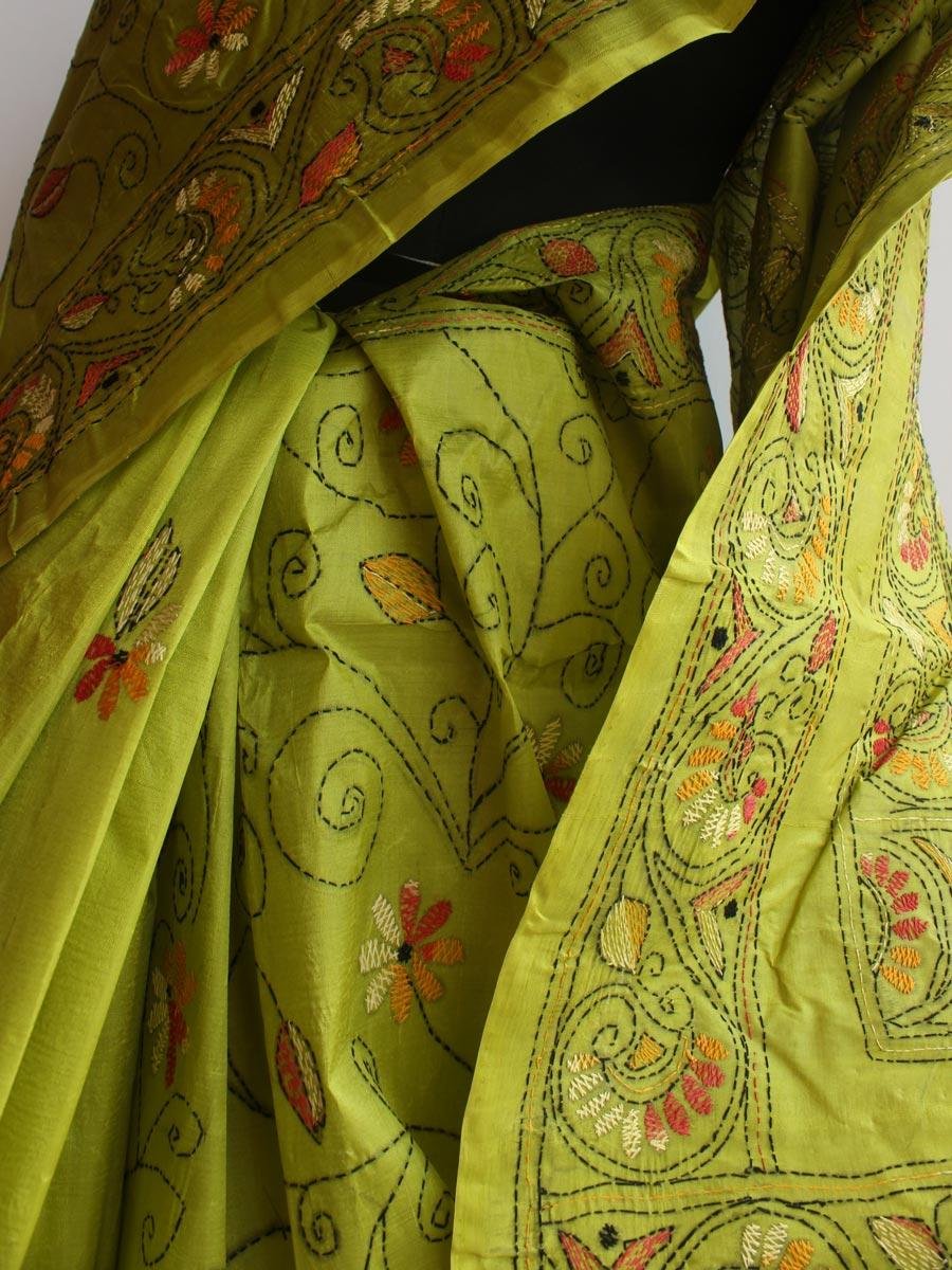 Green-kantha-handembroidered-paper-tasar-silk-sari Green-kantha-handembroidered-paper-tasar-silk-sari at Shilphaat.com