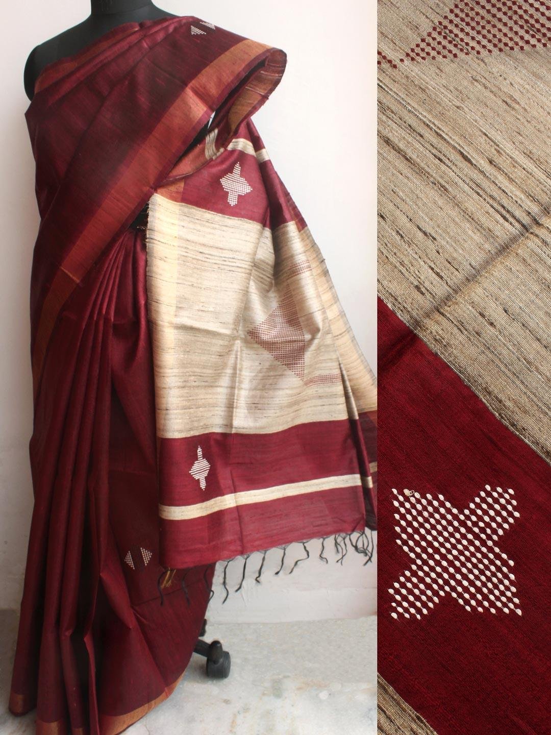 Wine-Red-and-Beige-Bhagalpuri-Dupion-Silk-Sari Wine-Red-and-Beige-Bhagalpuri-Dupion-Silk-Sari at Shilphaat.com
