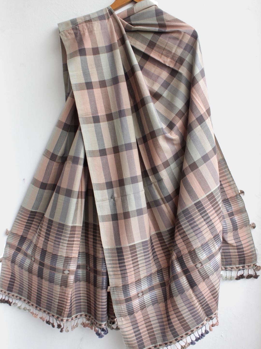 Grey-Black-and-brown--striped-bhujodi-cotton-dupatta-Shilphaat Grey-Black-and-brown--striped-bhujodi-cotton-dupatta-Shilphaat