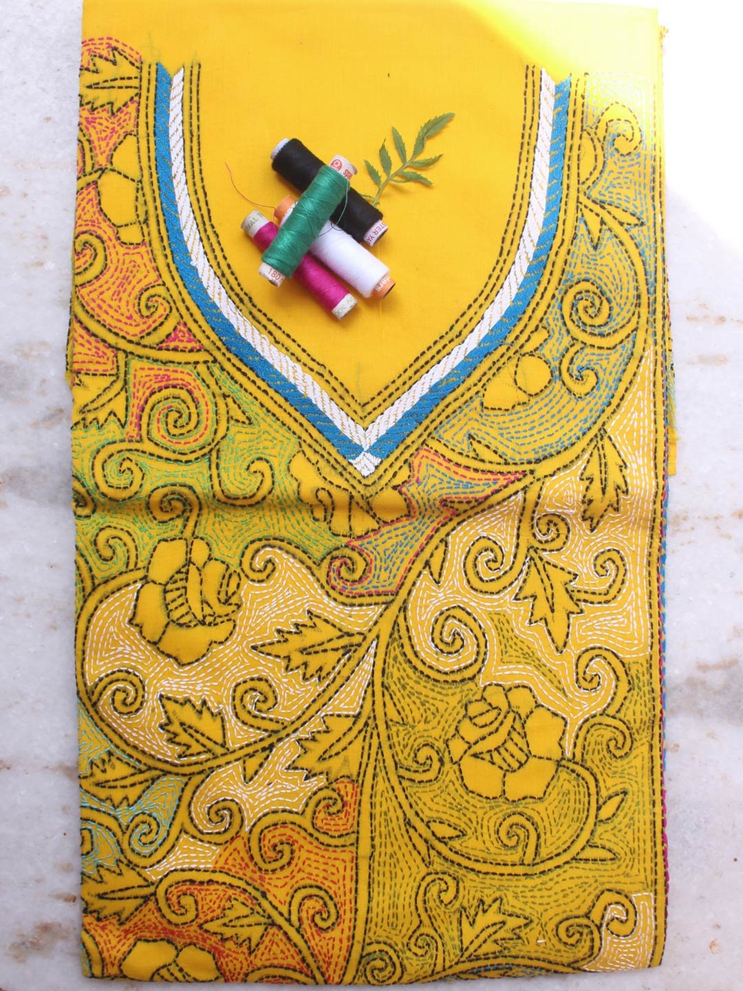 Bright-Yellow-kanthawork-cotton-kurta-fabric Bright-Yellow-kanthawork-cotton-kurta-fabric by Shilphaat