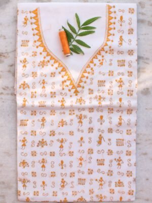 Orange-yellow-and-white--kanthawork-cotton-kurta-fabric by Shilphaat