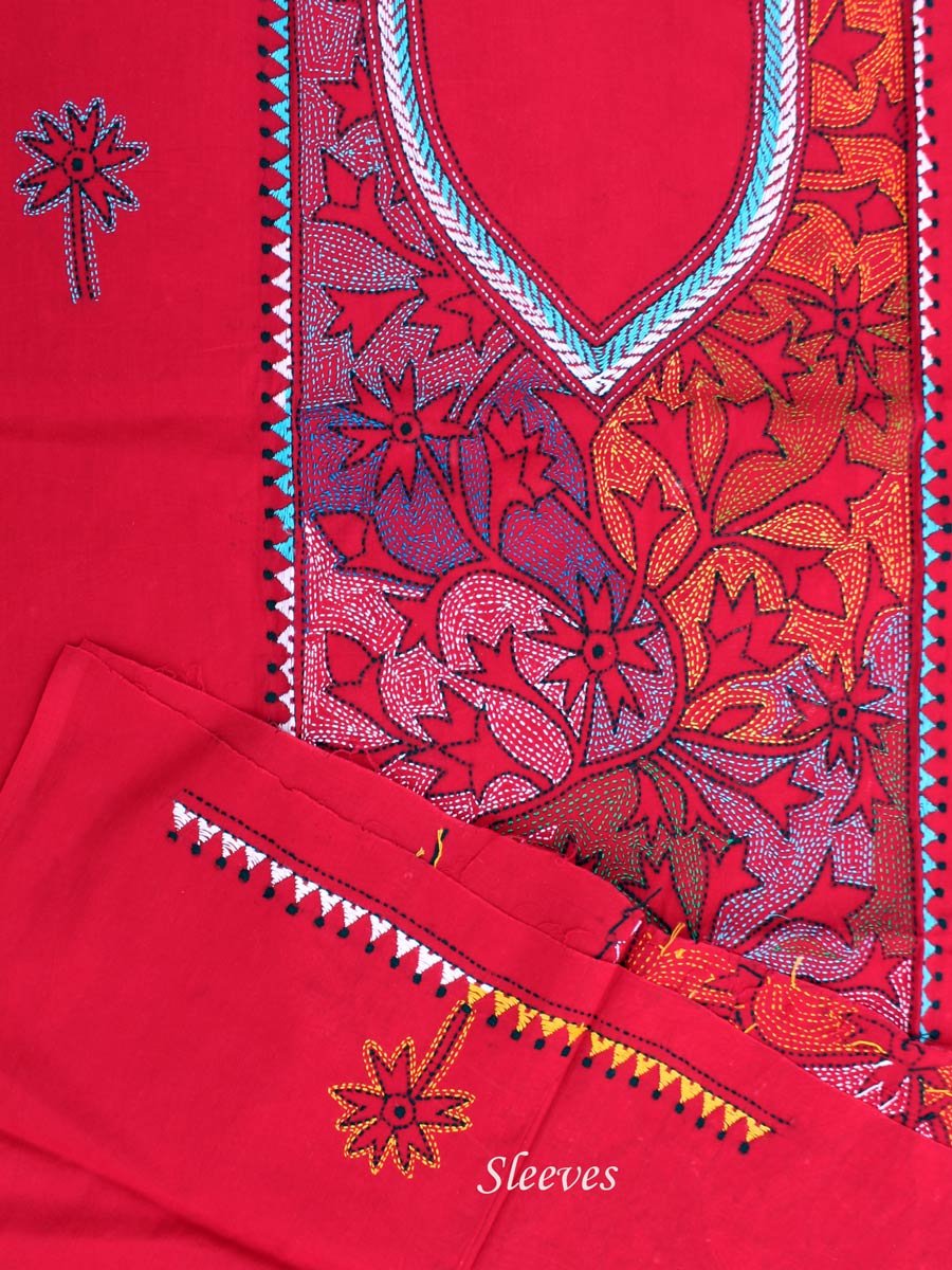 Multicolour-kantha-embroiderd-Red-cotton-kurta-fabric Multicolour-kantha-embroiderd-Red-cotton-kurta-fabric