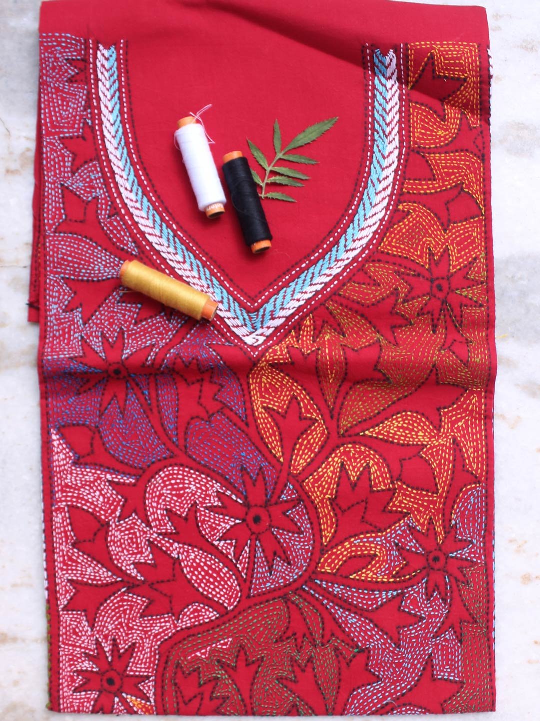 Multicolour--kanthawork-Red-cotton-kurta-fabric Multicolour--kanthawork-Red-cotton-kurta-fabric