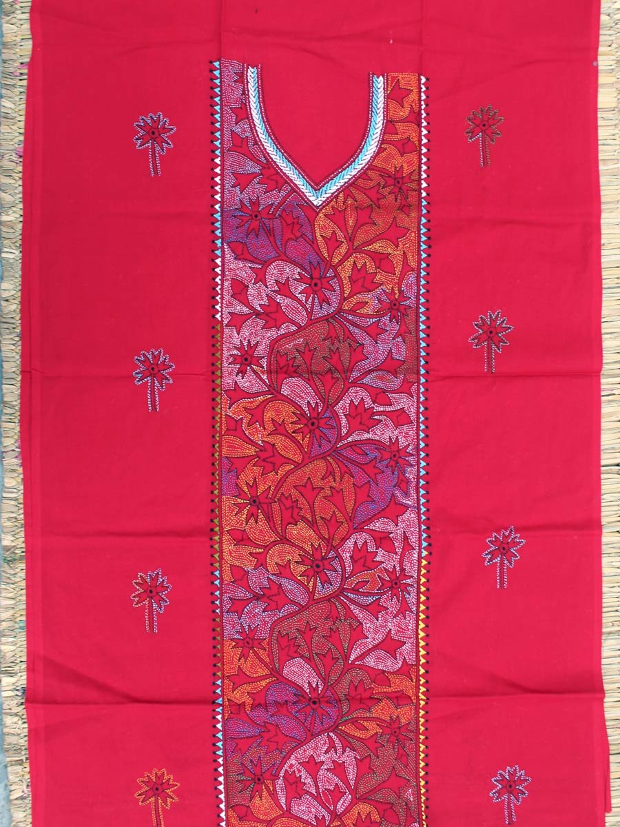 Multicolour-reverse-kantha-Red-cotton-kurta-fabric Multicolour-reverse-kantha-Red-cotton-kurta-fabric