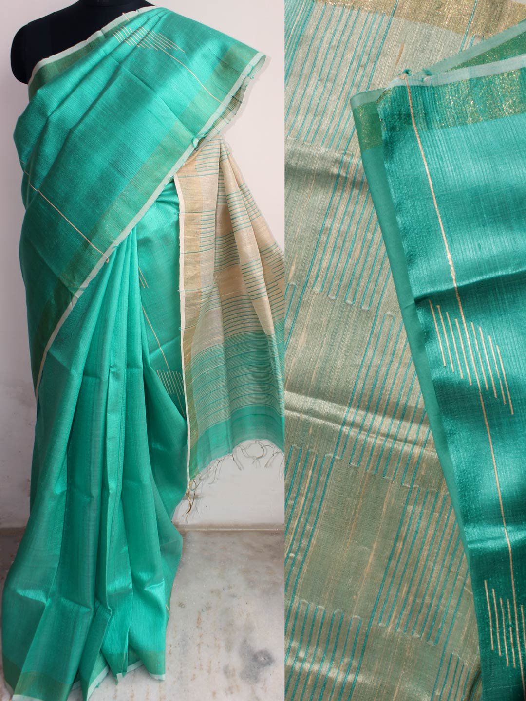 Sea-green-and-Beige-Mulberry-Dupion-silk-Saree--shilphaat Sea-green-and-Beige-Mulberry-Dupion-silk-Saree--shilphaat