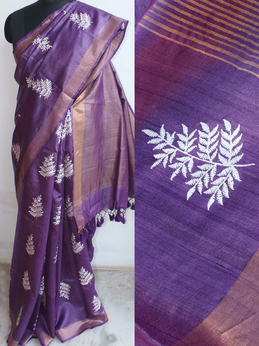 Russian Violet-and-white-embroidered-desi-tussar-silk-sari Russian Violet-and-white-embroidered-desi-tussar-silk-sari