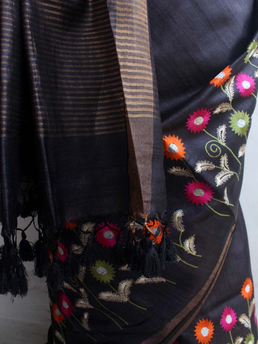 Multicolour-embroidered-Black-desi-tasar-silk-saree Multicolour-embroidered-Black-desi-tasar-silk-saree