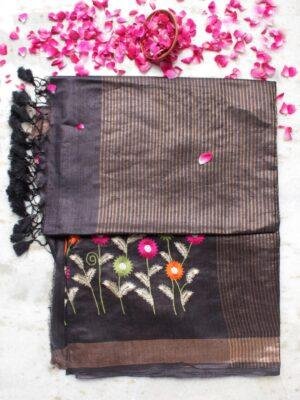 Multicolour-embroidered-Black-desi-tassar-silk-sari