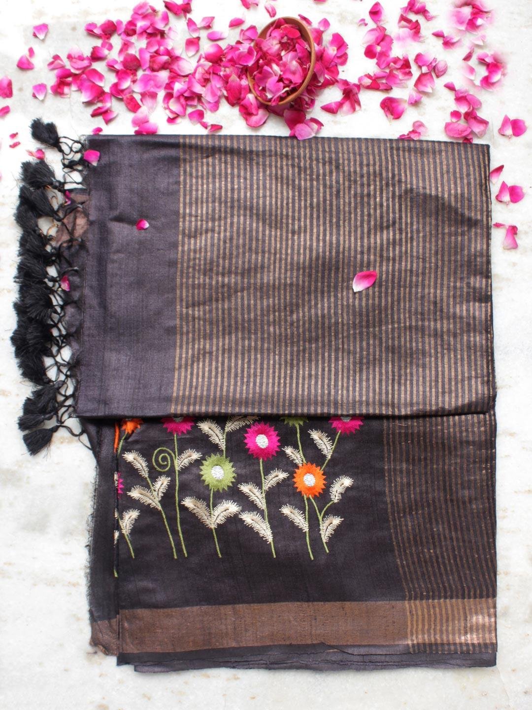 Multicolour-embroidered-Black-desi-tassar-silk-sari Multicolour-embroidered-Black-desi-tassar-silk-sari