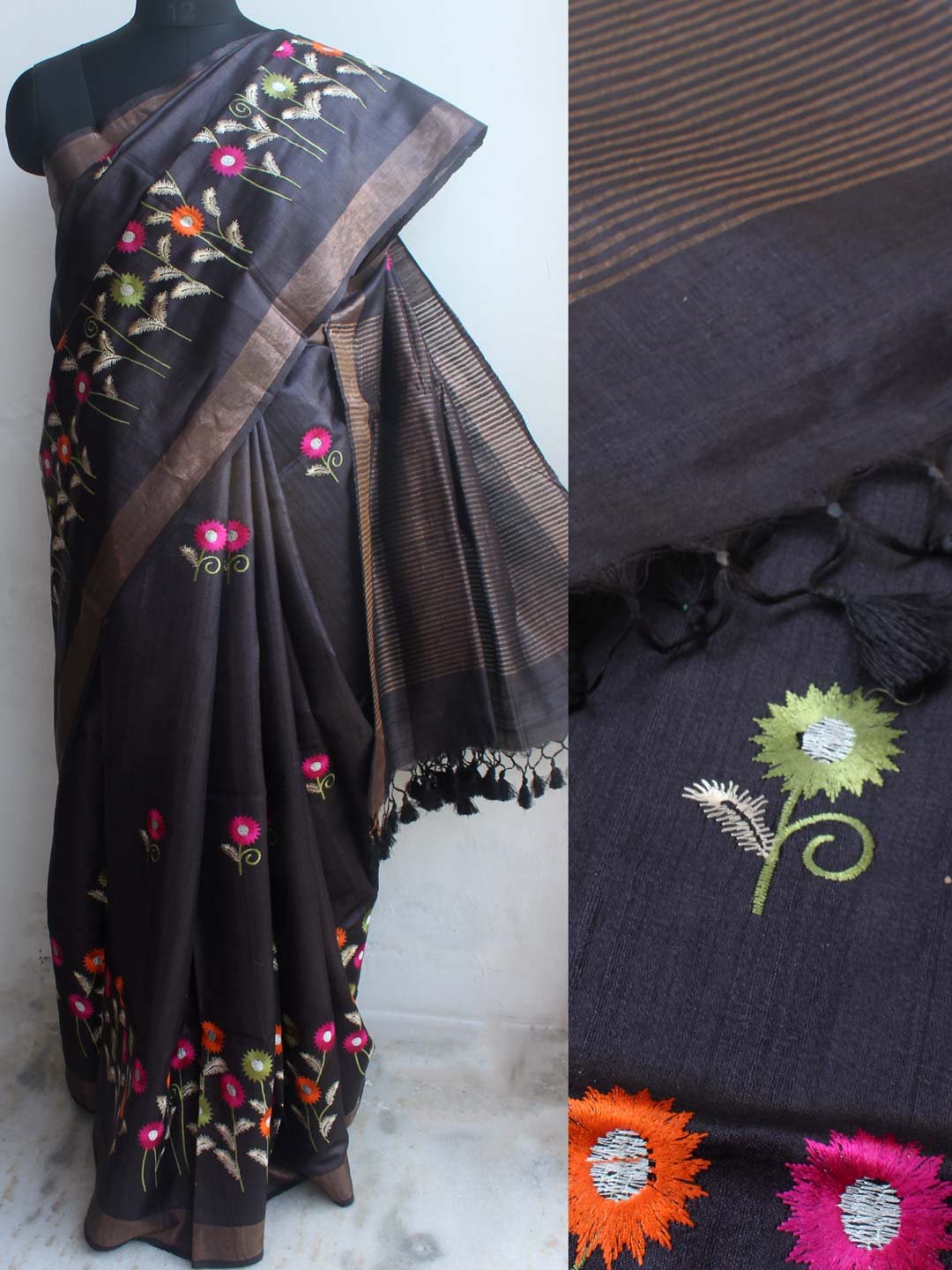 Multicolour-embroidered-Black-desi-tussar-silk-saree Multicolour-embroidered-Black-desi-tussar-silk-saree