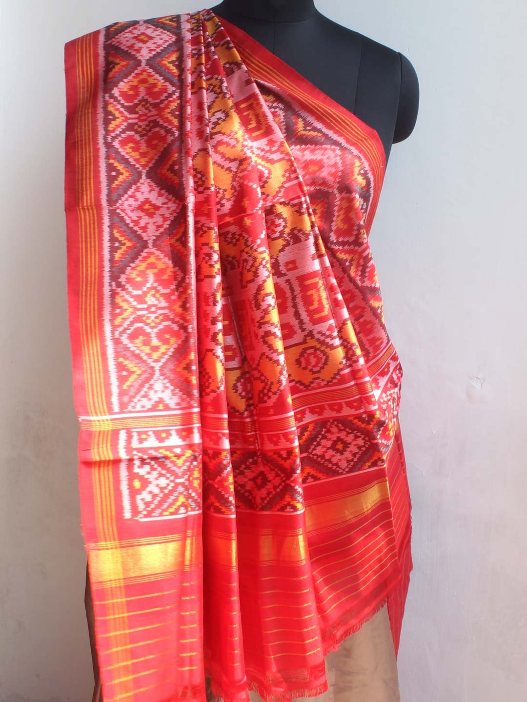 Red-and-Yellow-semi-double-ikat-Patola-silk-dupatta- Red-and-Yellow-semi-double-ikat-Patola-silk-dupatta-Shilphaat
