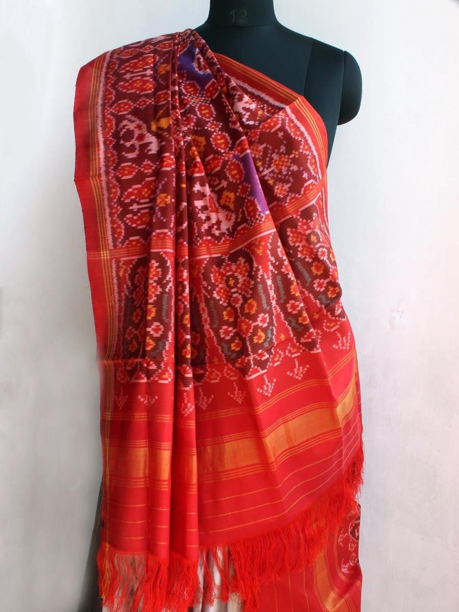 Hathi-Popat-and-swan-Red-semi-double-Patola-pure-silk-dupatta-Shilphaat