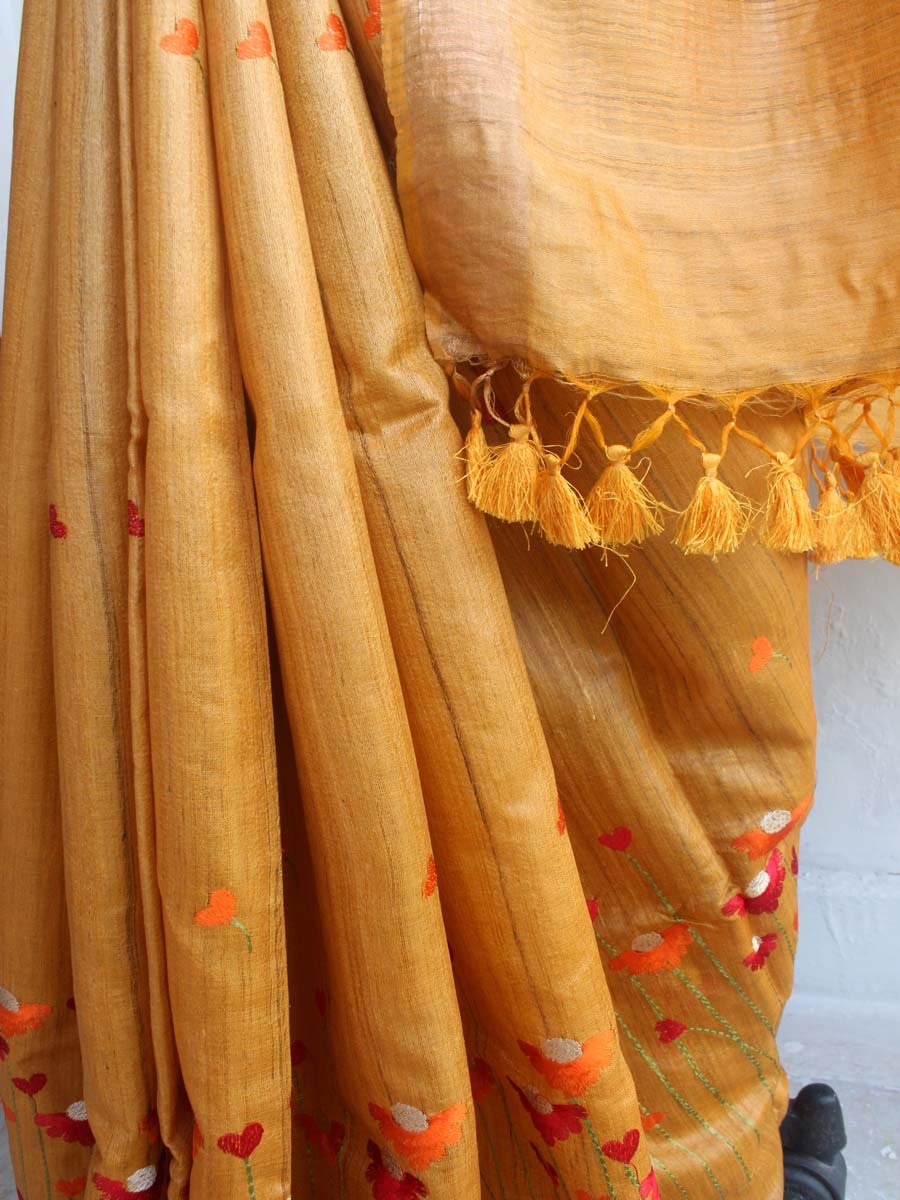 Multicolour-embroidered-Yellow-desi-tasar-silk-saree Multicolour-embroidered-Yellow-desi-tasar-silk-saree