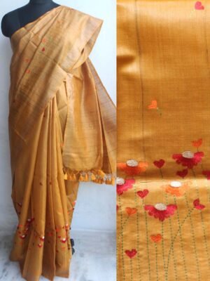 Multicolour-embroidered-Yellow-desi-tussar-silk-saree