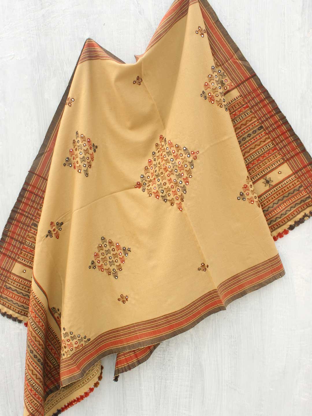 Fawn-Brown--Mirrorwork-Bhujodi-Shawl Fawn-Brown--Mirrorwork-Bhujodi-Shawl