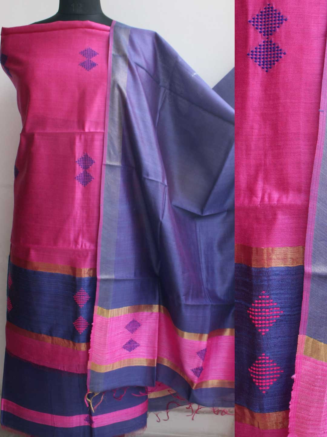 Fushia-Pink-and-Dark-Blue-Dupion-Silk-dress-material Fushia-Pink-and-Dark-Blue-Dupion-Silk-dress-material
