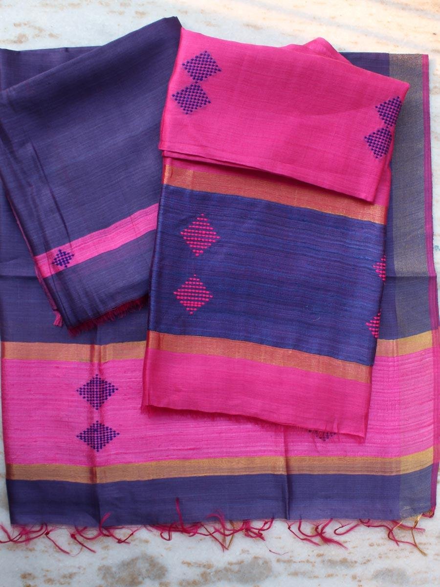 Fushia-Pink-and-Dark-Blue-Dupion-tasar-Silk-dress-material Fushia-Pink-and-Dark-Blue-Dupion-tasar-Silk-dress-material at Shilphaat.com