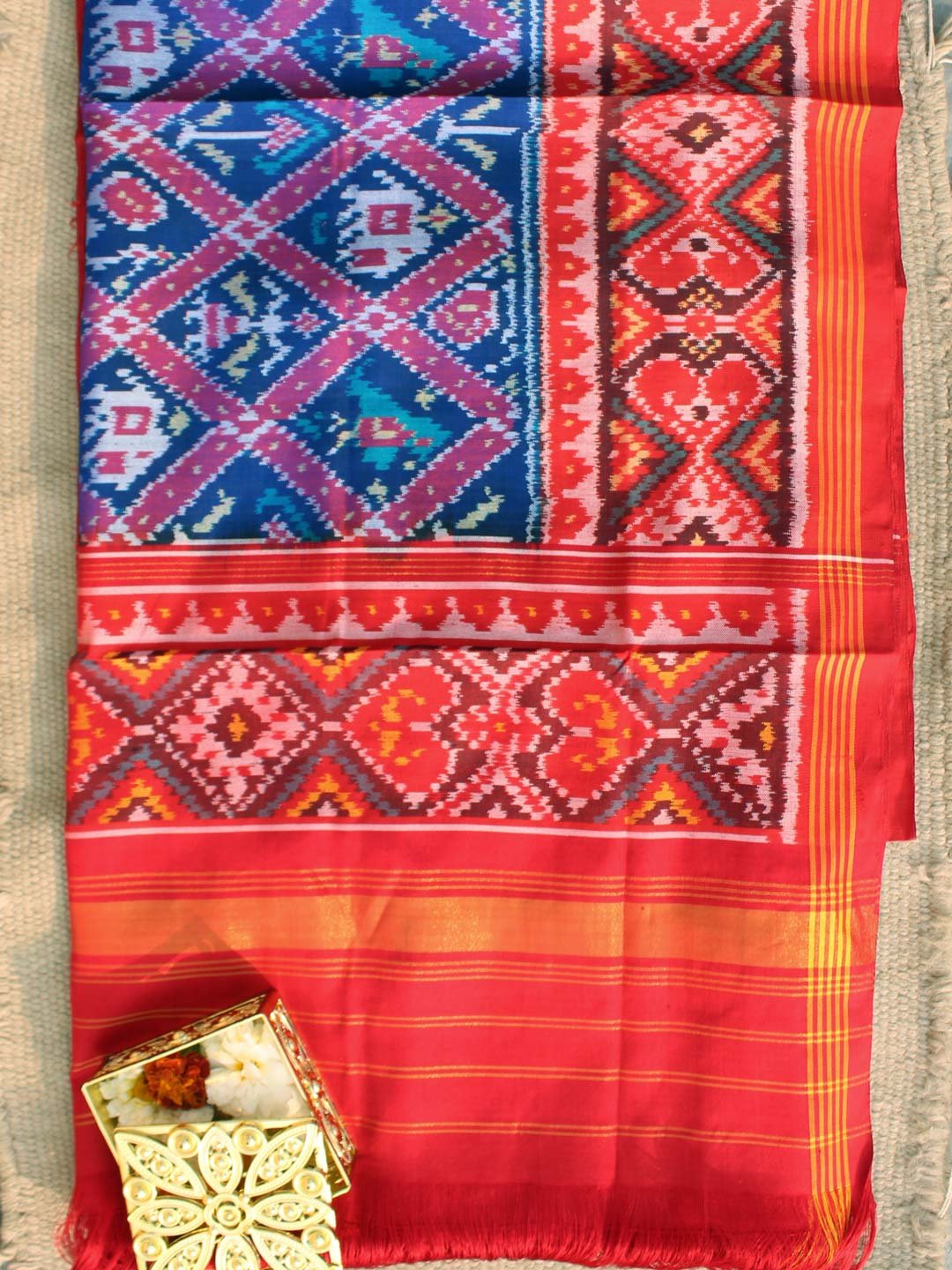 Hathi-Popat-Blue-and-Red-semi-double-Patola-silk-dupatta Hathi-Popat-Blue-and-Red-semi-double-Patola-silk-dupatta