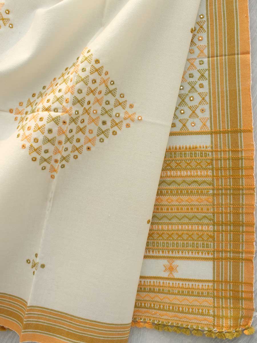 Off-white-and-Yellow-Mirrorwork-Bhujodi-woolen-Shawl Off-white-and-Yellow-Mirrorwork-Bhujodi-woolen-Shawl