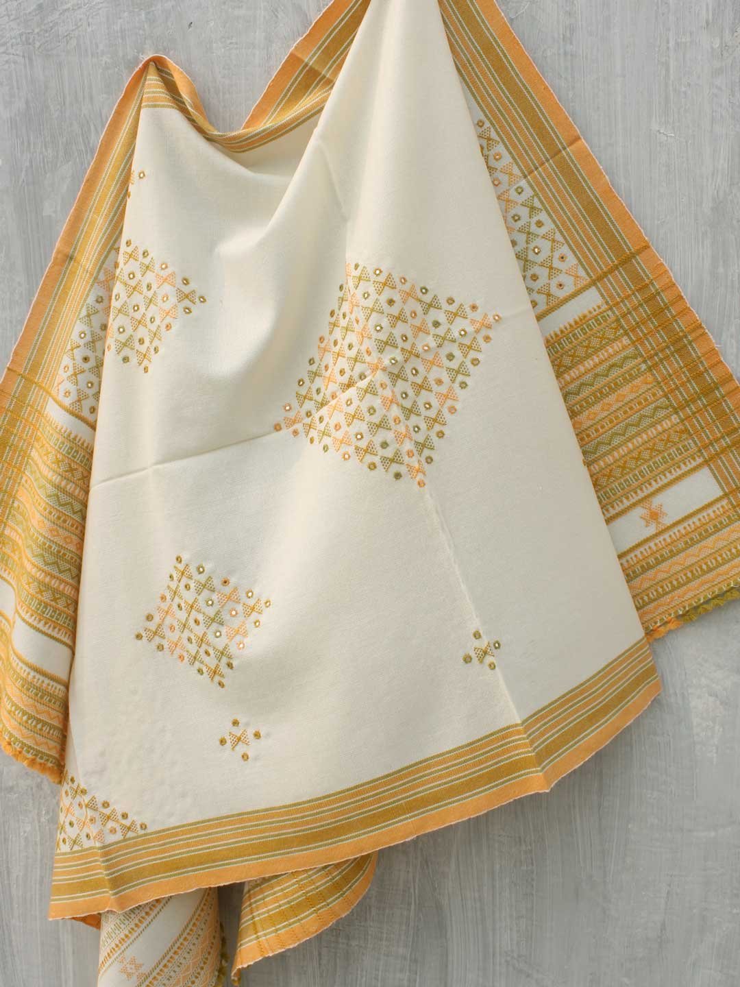Off-white-and-yellow-Mirrorwork-Bhujodi-Shawl Off-white-and-yellow-Mirrorwork-Bhujodi-Shawl