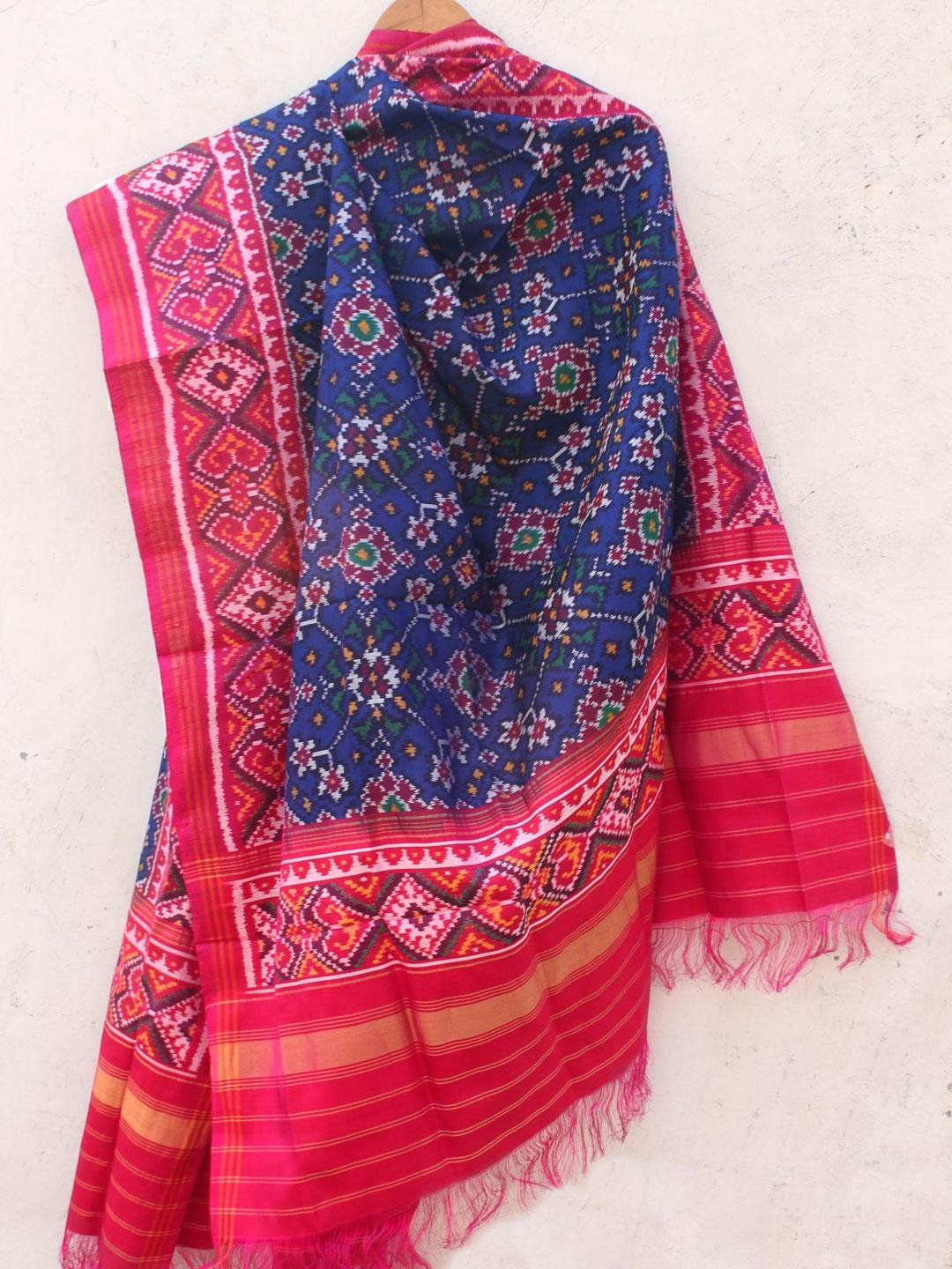 Dark-Blue-and-Red-Pink-double-ikat-patola-pure-silk-dupatta Dark-Blue-and-Red-Pink-double-ikat-patola-pure-silk-dupatta