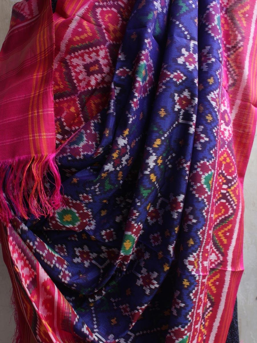 Dark-Blue-and-Red-Pink-double-ikat-patola-pure-silk-odhani Dark-Blue-and-Red-Pink-double-ikat-patola-pure-silk-odhani