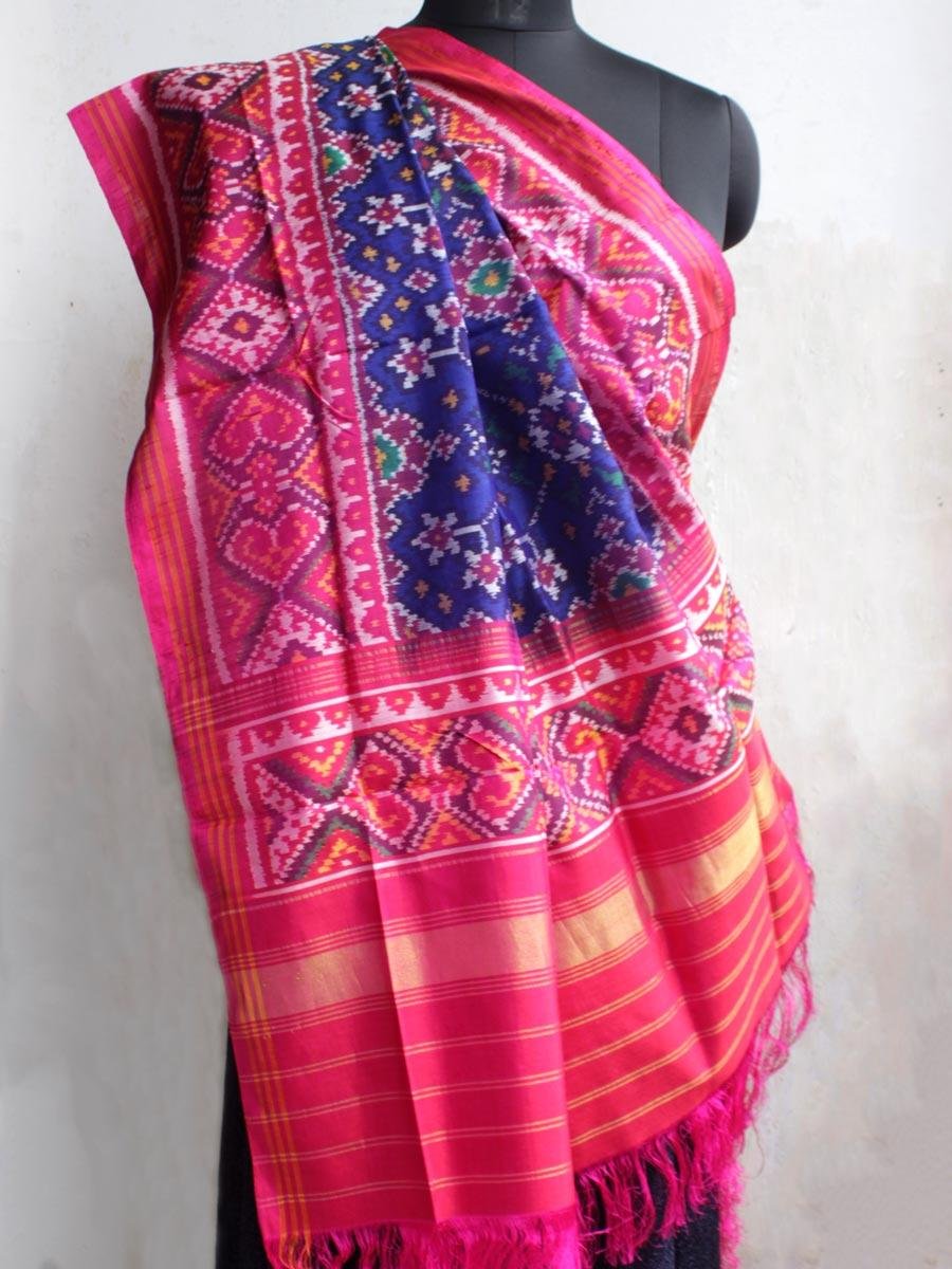 Dark-Blue-and-Red-Pink-double-ikat-patola-silk-odhani Dark-Blue-and-Red-Pink-double-ikat-patola-silk-odhani