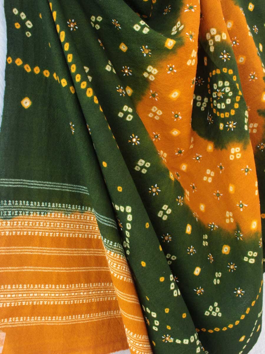 Green-and-Yellow-Bandhej-mirrorwork-wool-scarf Green-and-Yellow-Bandhej-mirrorwork-wool-scarf