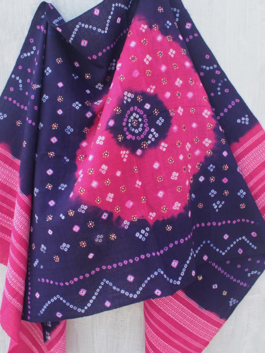 Violet-and-Pink-Bandhani-mirrorwork-Bhujodi-shawl Violet-and-Pink-Bandhani-mirrorwork-Bhujodi-shawl at Shilphaat.com