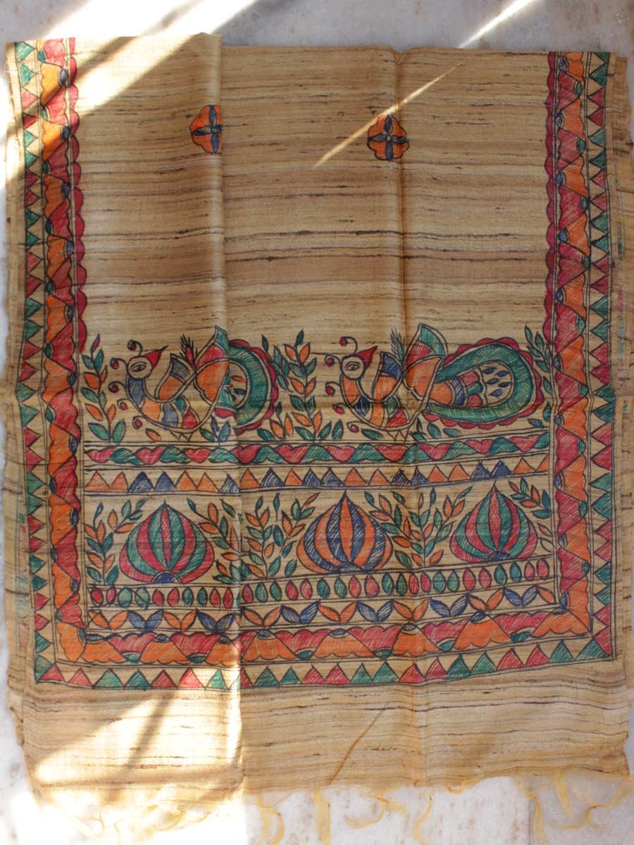 Golden-Brown-madhubani-handpainted-bhagalpuri-silk-dupatta Golden-Brown-madhubani-handpainted-bhagalpuri-silk-dupatta