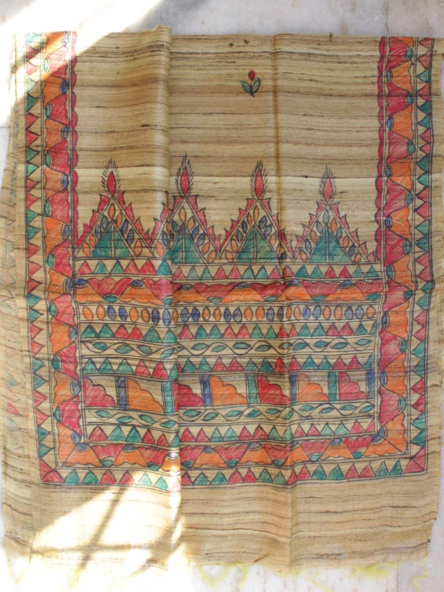 Greenish-Brown-madhubani-handpainted-bhagalpuri-silk-dupatta Greenish-Brown-madhubani-handpainted-bhagalpuri-silk-dupatta at Shilphaat.com