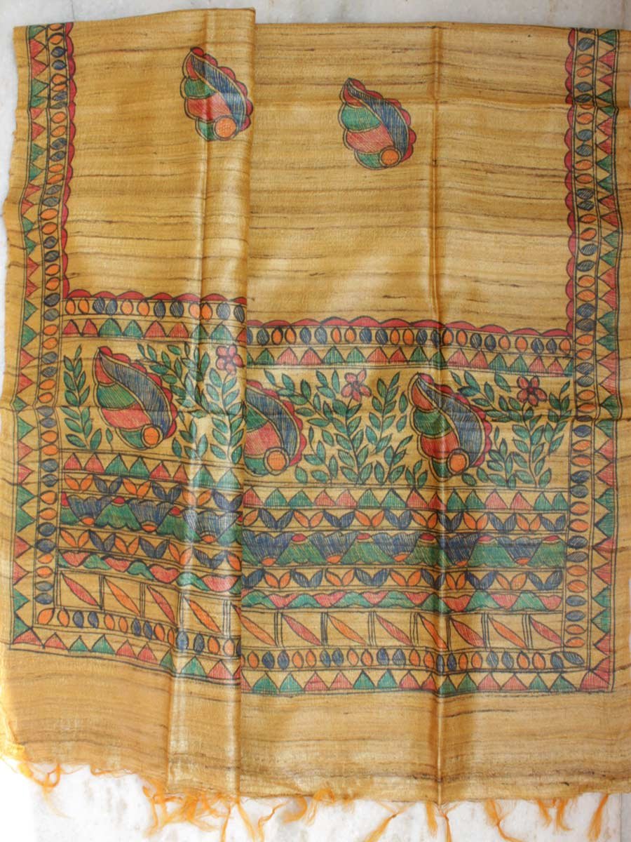 Yellow-Brown-madhubani-handpainted-bhagalpuri-silk-dupatta Yellow-Brown-madhubani-handpainted-bhagalpuri-silk-dupatta